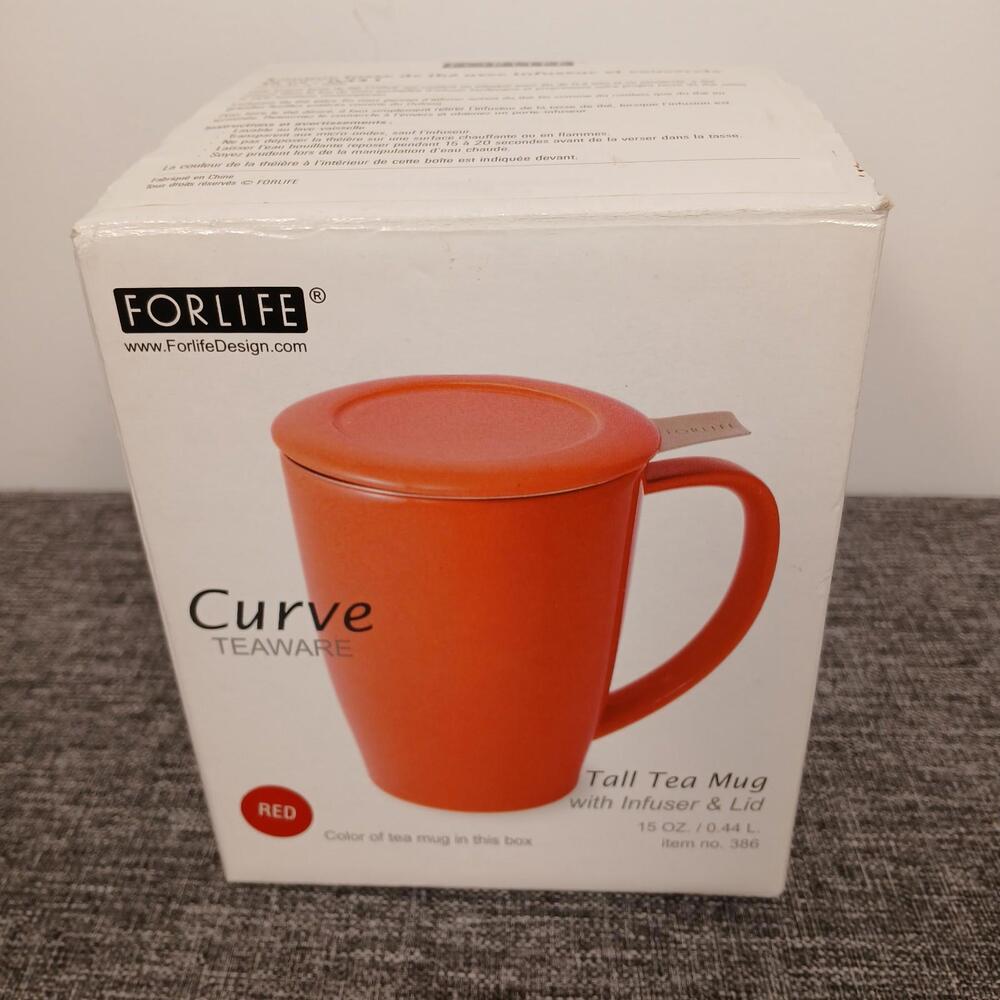 Forlife Curve 15 oz Red Tea Mug with Extra-Fine Infuser & Lid – New